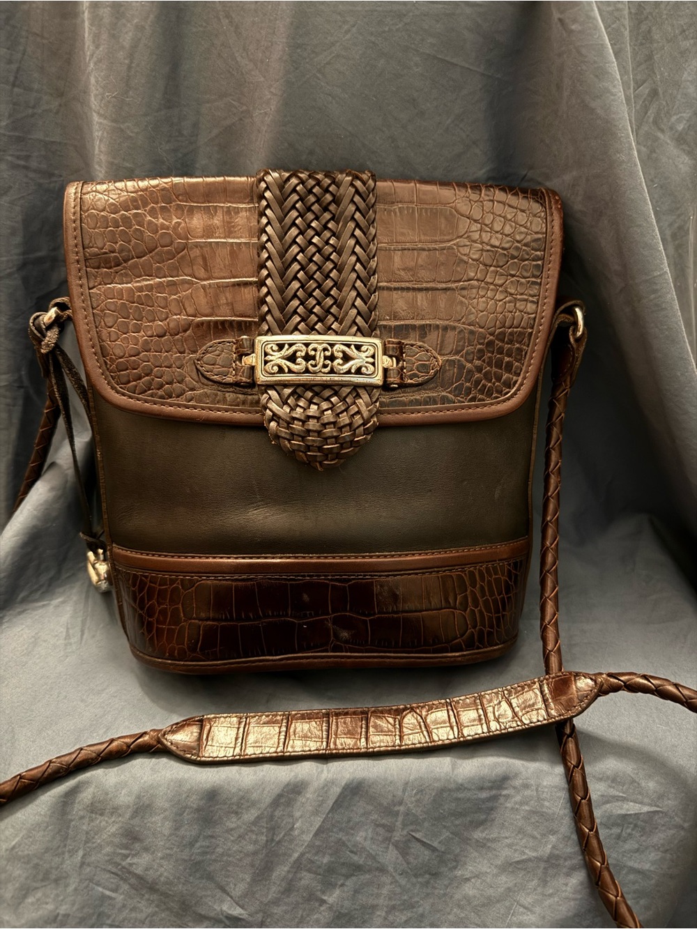 Vintage Brighton Brown Leather Woven-Accent Crossbody Bag